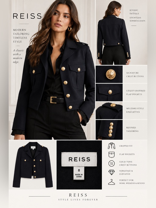 Reiss Jackets & Blazers - REISS Black Military Cropped Jacket Gold Crest Buttons Size 8 NWOT